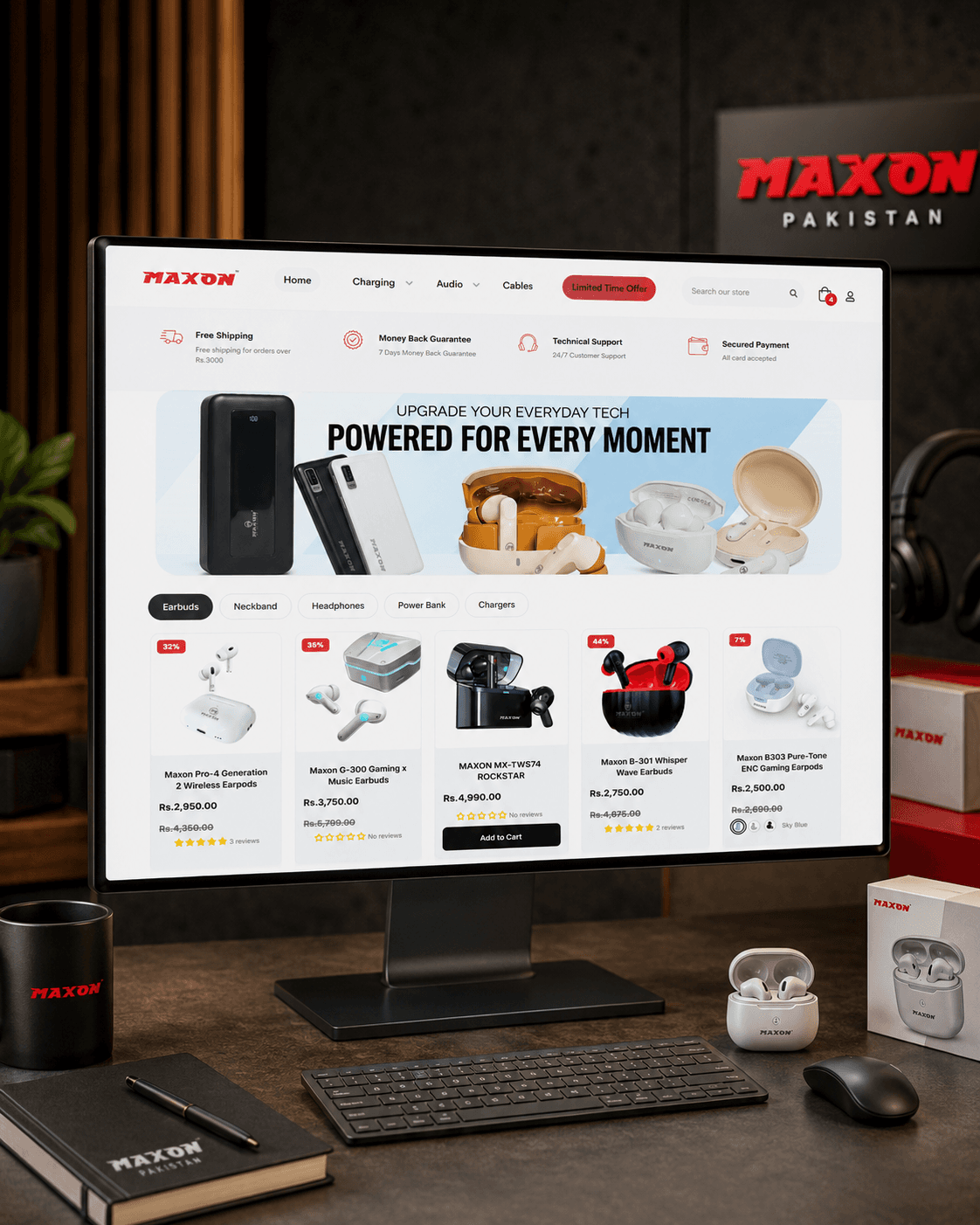 The upgraded Maxon Shopify store on a studio monitor